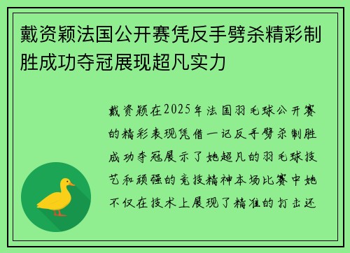 戴资颖法国公开赛凭反手劈杀精彩制胜成功夺冠展现超凡实力