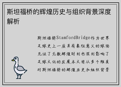 斯坦福桥的辉煌历史与组织背景深度解析