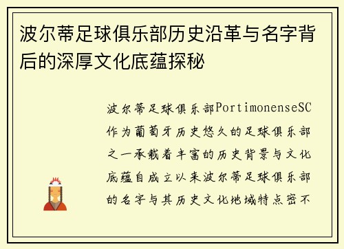 波尔蒂足球俱乐部历史沿革与名字背后的深厚文化底蕴探秘