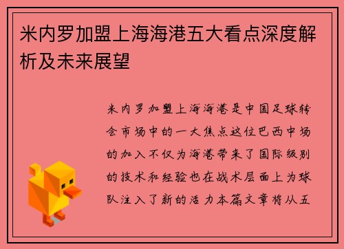 米内罗加盟上海海港五大看点深度解析及未来展望