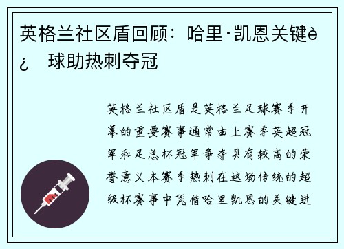 英格兰社区盾回顾：哈里·凯恩关键进球助热刺夺冠