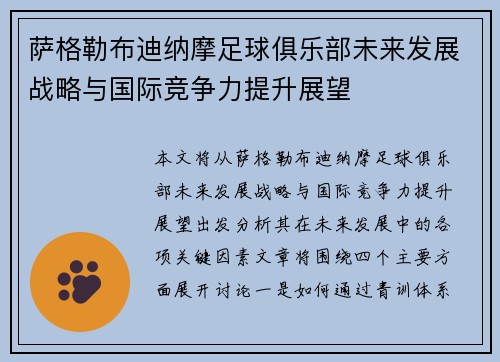 萨格勒布迪纳摩足球俱乐部未来发展战略与国际竞争力提升展望