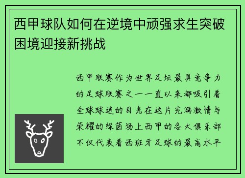 西甲球队如何在逆境中顽强求生突破困境迎接新挑战